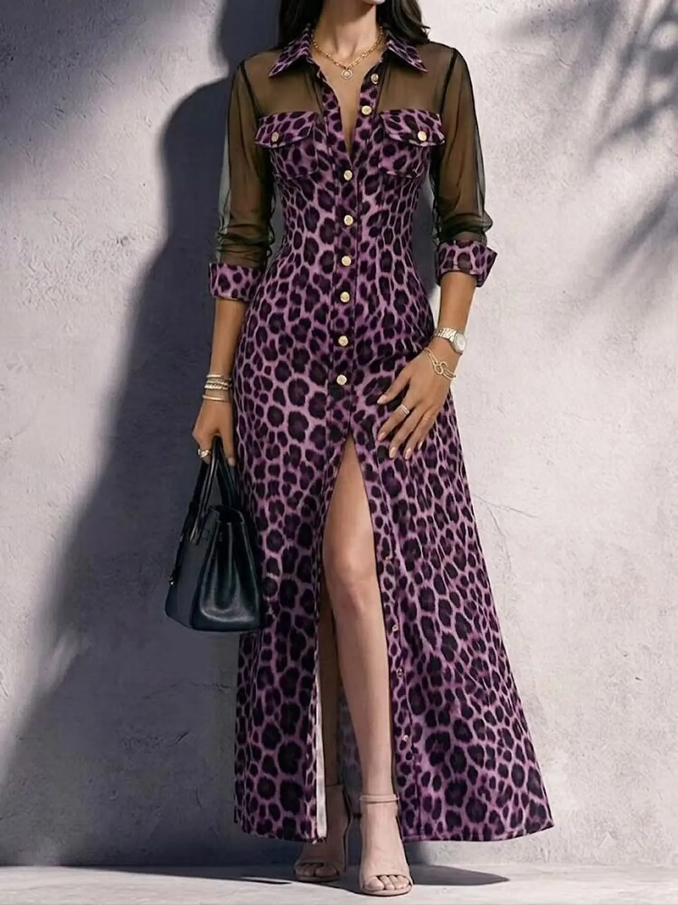 Full Size Leopard Sheer Mesh Long Sleeve Button-Down Maxi Dress Plus Size