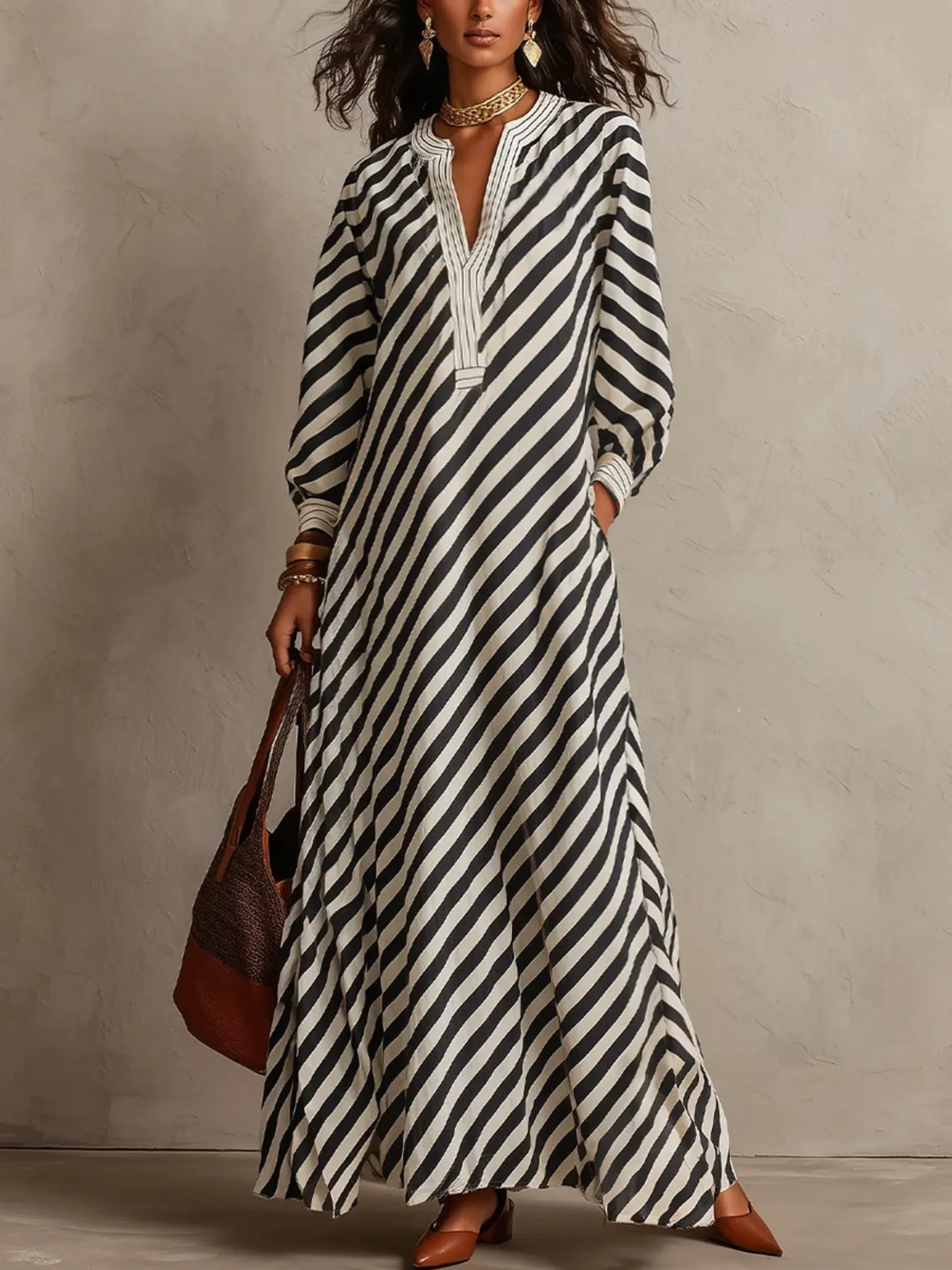 Striped Long Sleeves Maxi Dress