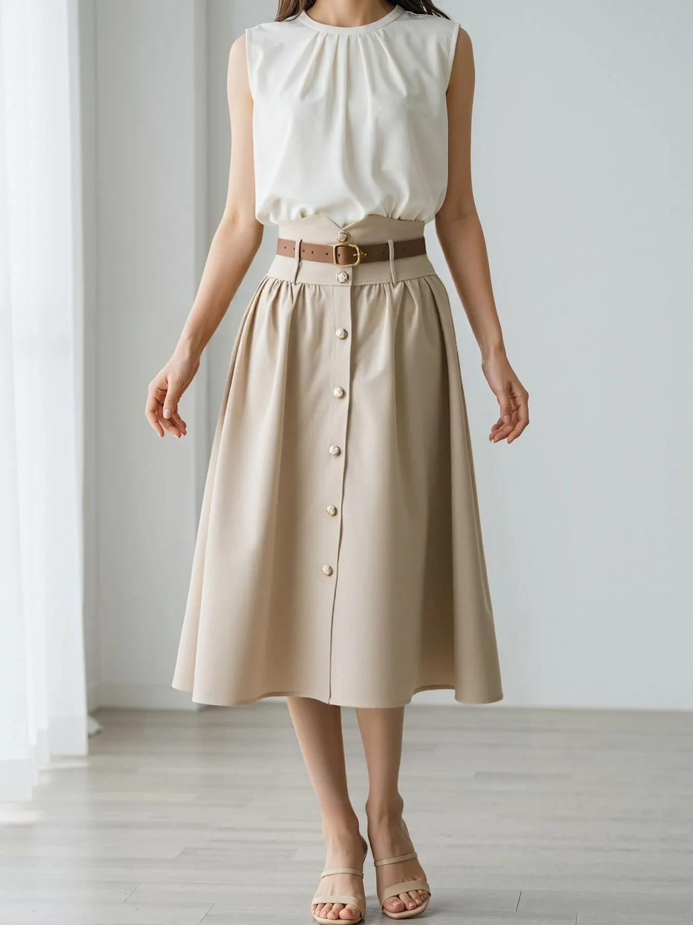 High-Waisted A-Line Midi Skirt