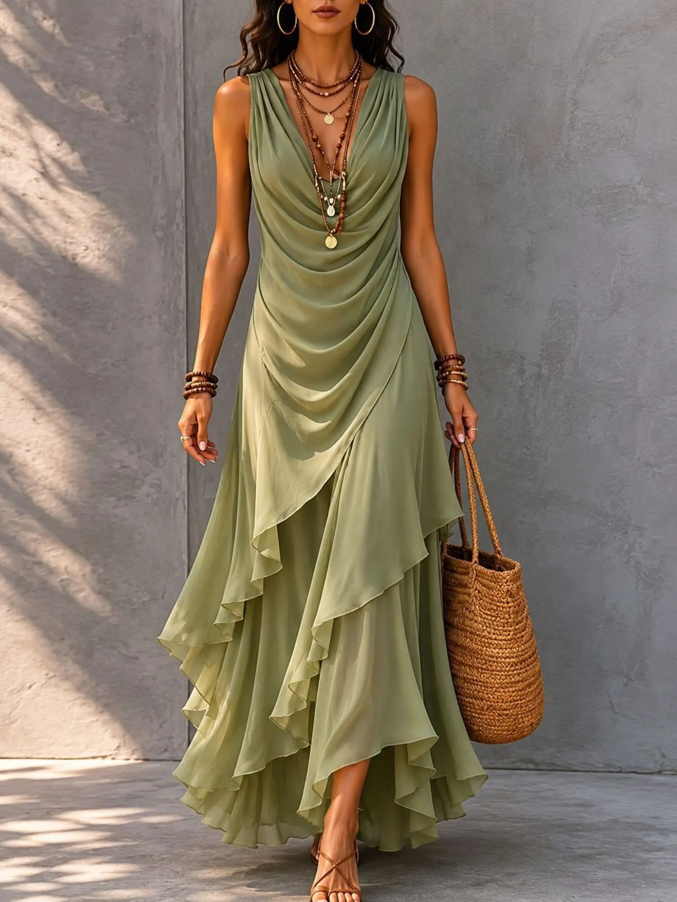 Sleeveless Layered Ruffle Hem Maxi Dress