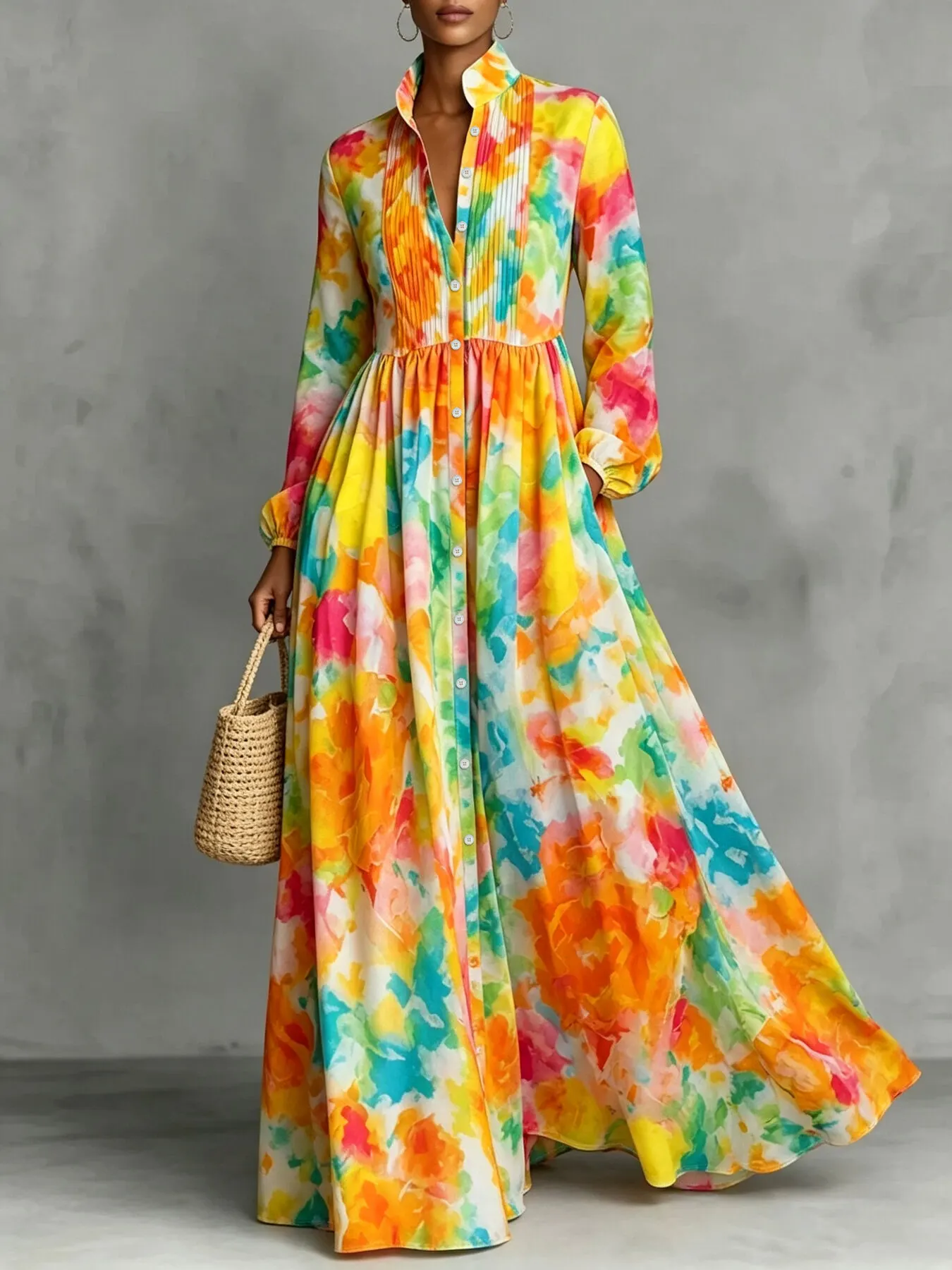 Watercolor Print Long-Sleeve Button-Down Maxi Dress