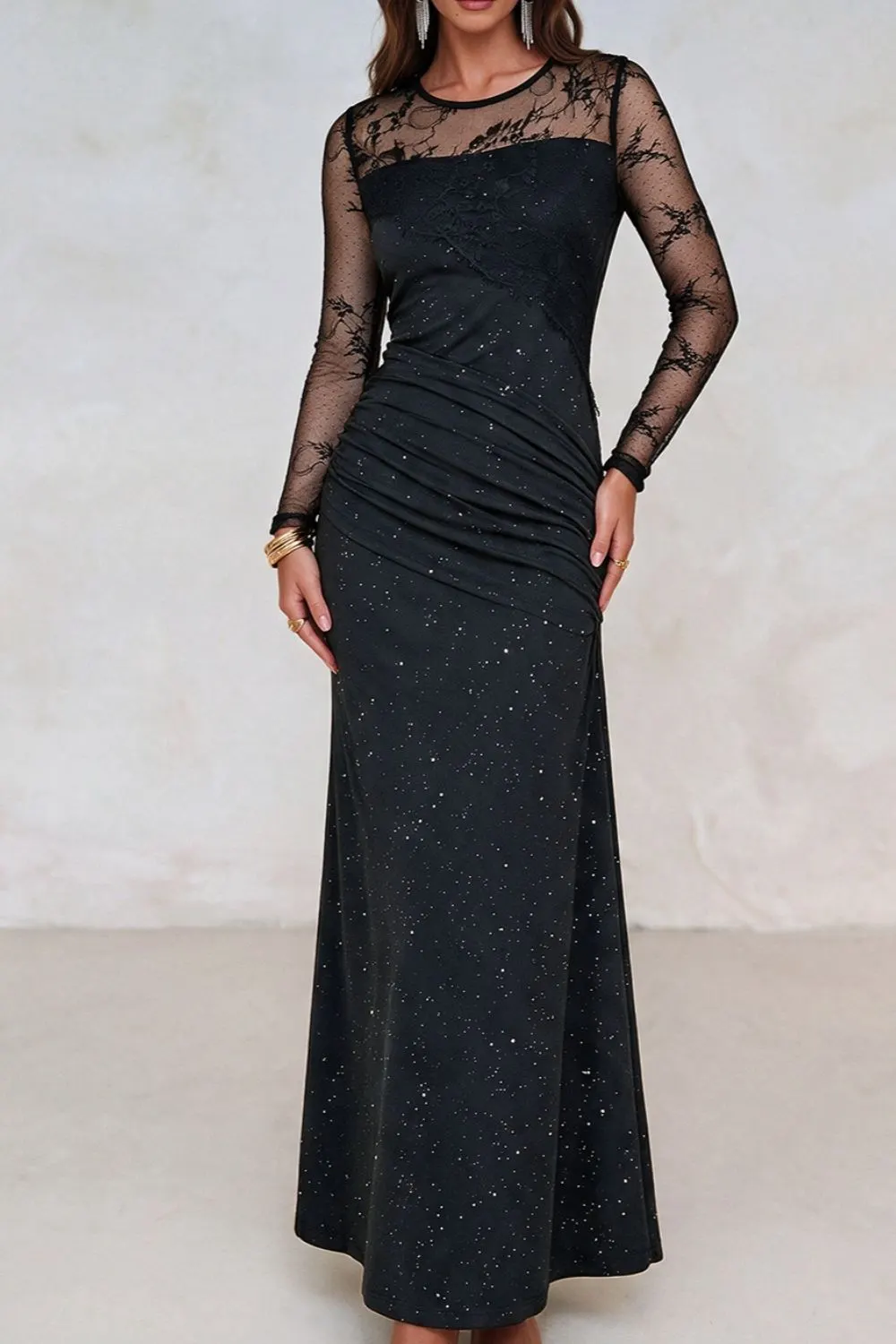 Glitter Mesh Long Sleeve Maxi Dress