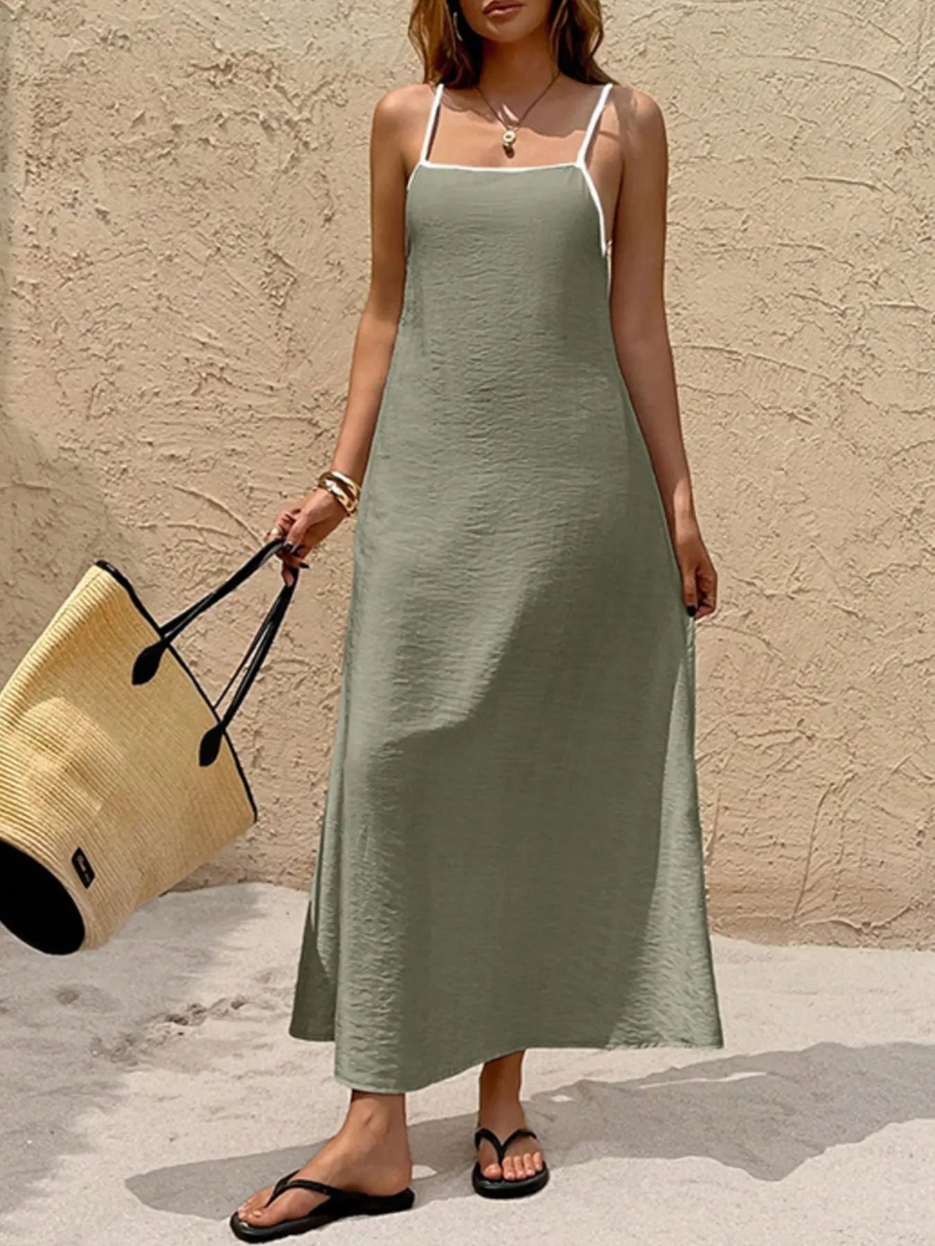 Spaghetti Strap Maxi Dress with Contrasting Trim