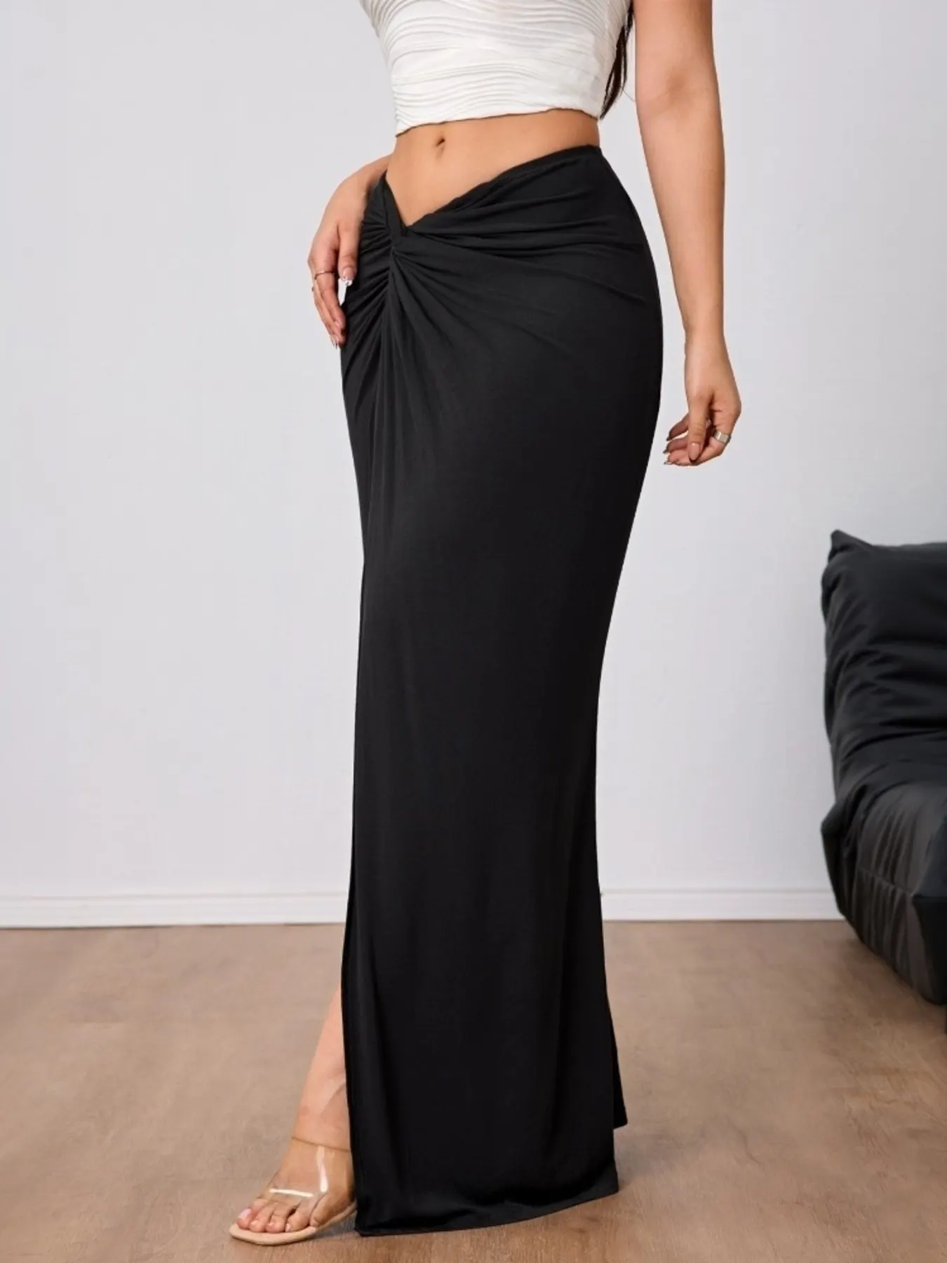 Slit Twist-Front Bodycon Maxi Skirt