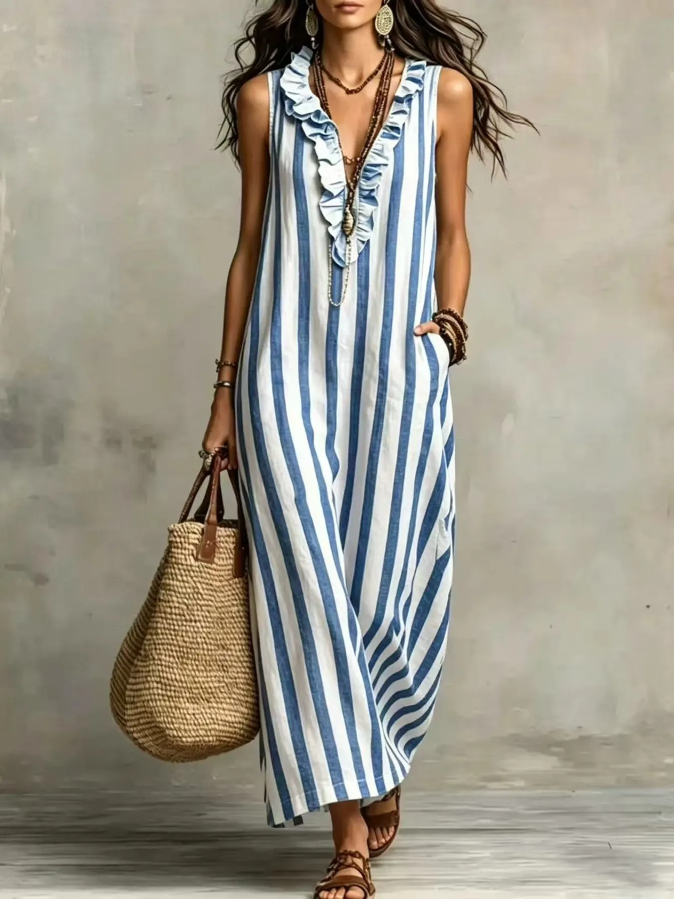 Full Size Sleeveless Striped Ruffle V-Neck Maxi Dress Plus Size