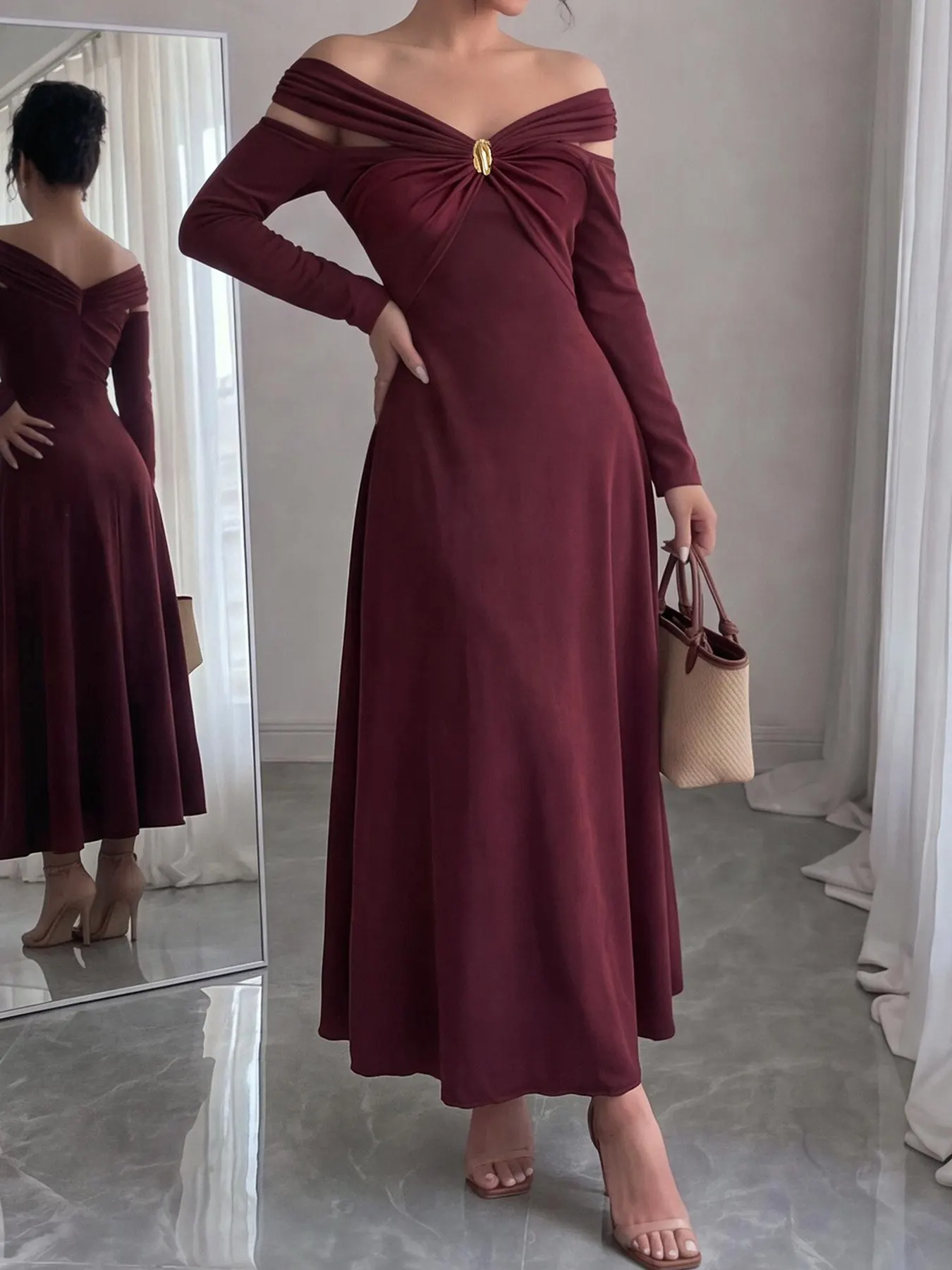 Off-Shoulder Long-Sleeve Maxi Dress