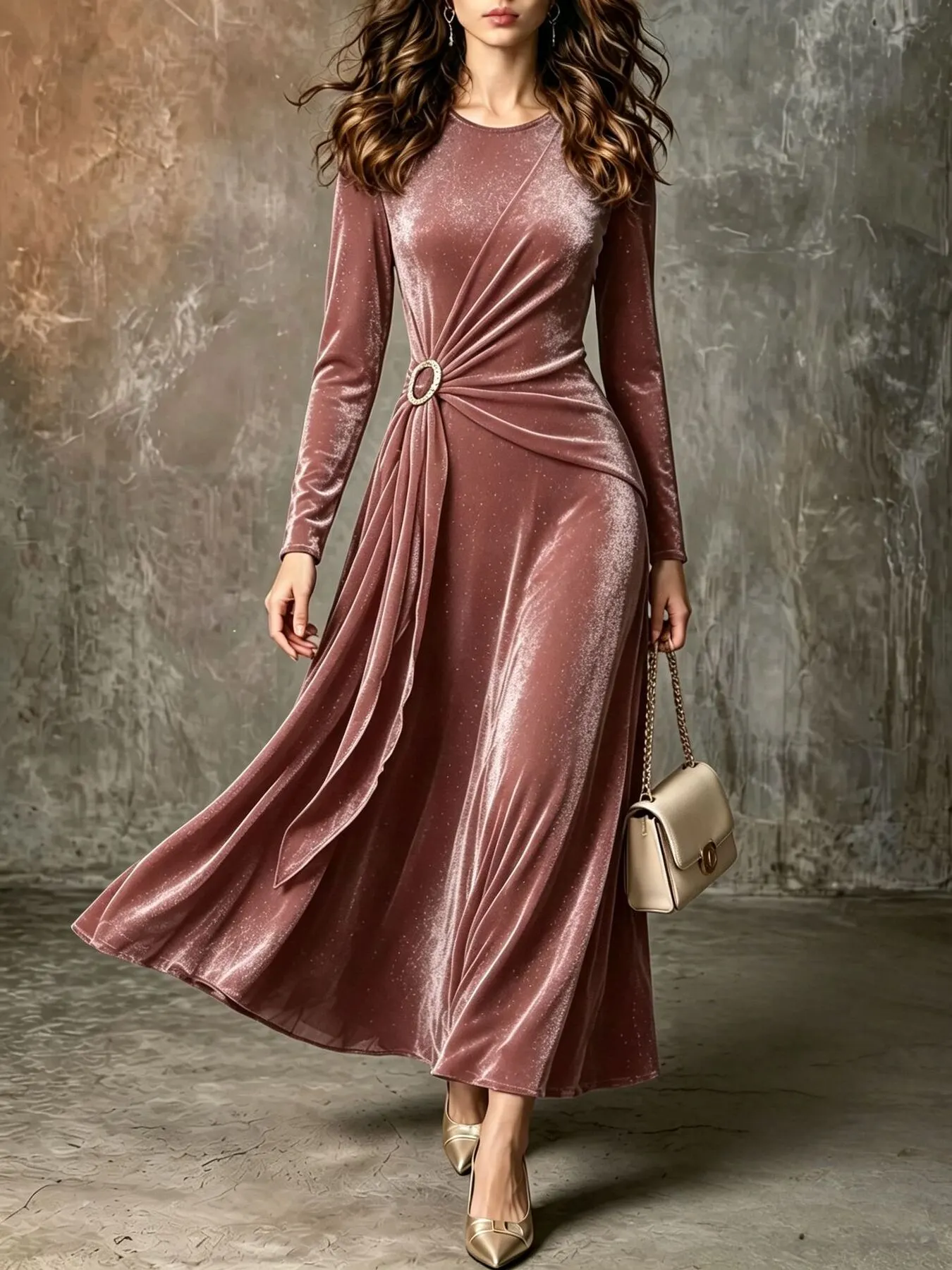 Full Size Velvet Long-Sleeve Maxi Dress with Ring Detail Plus Size