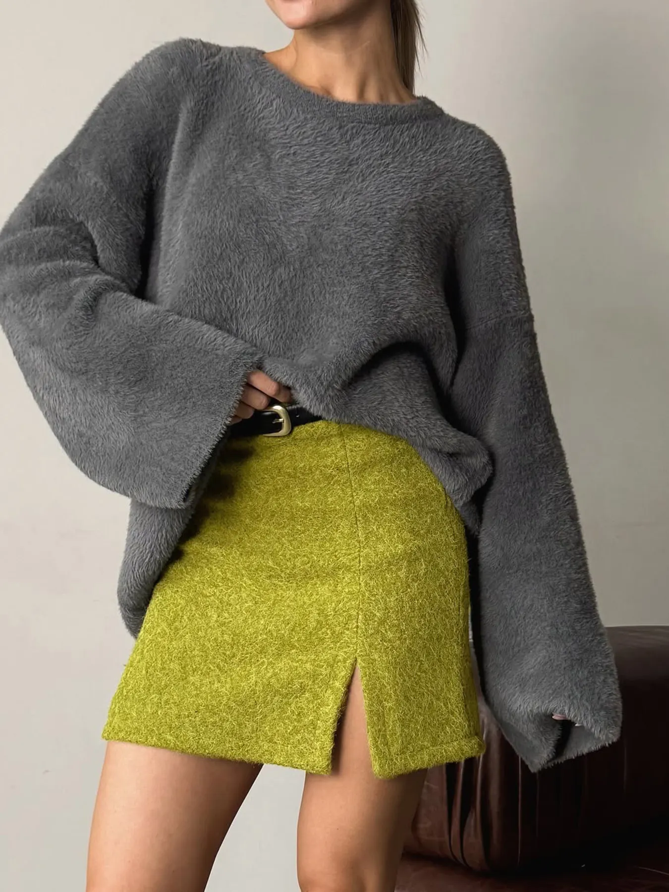 Textured Mini Skirt with Front Slit