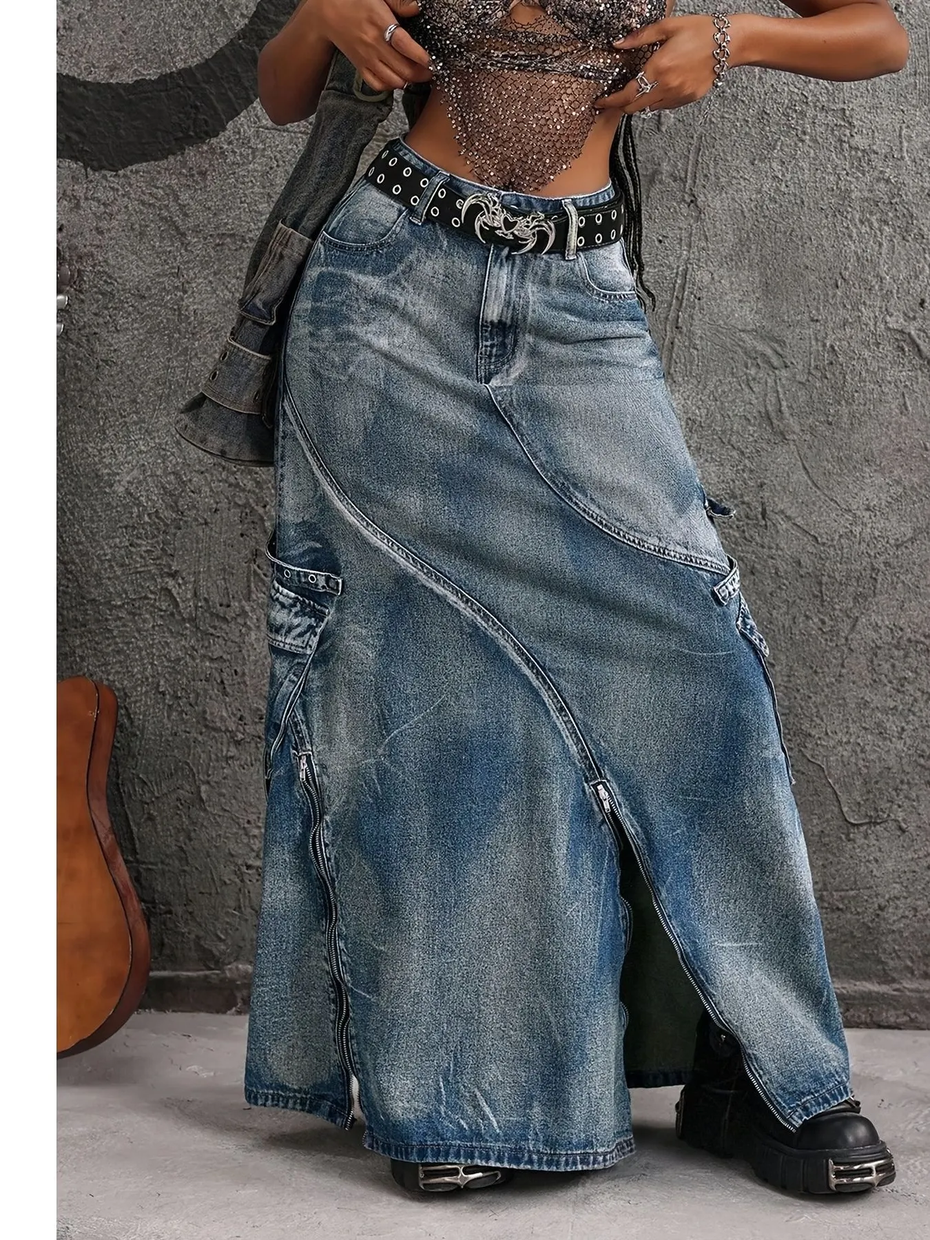 High-Waisted Denim Maxi Skirt with Zipper Slit
