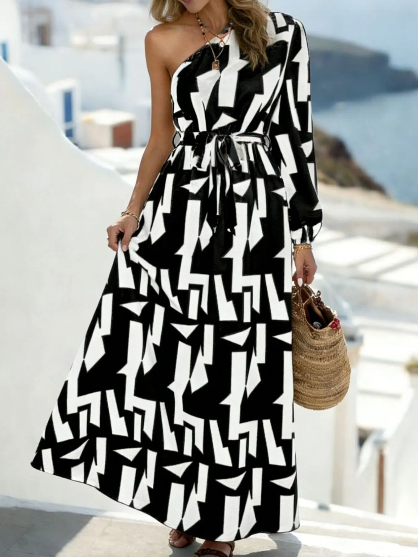 One-Shoulder Geometric Print Maxi Dress with Waist Tie
